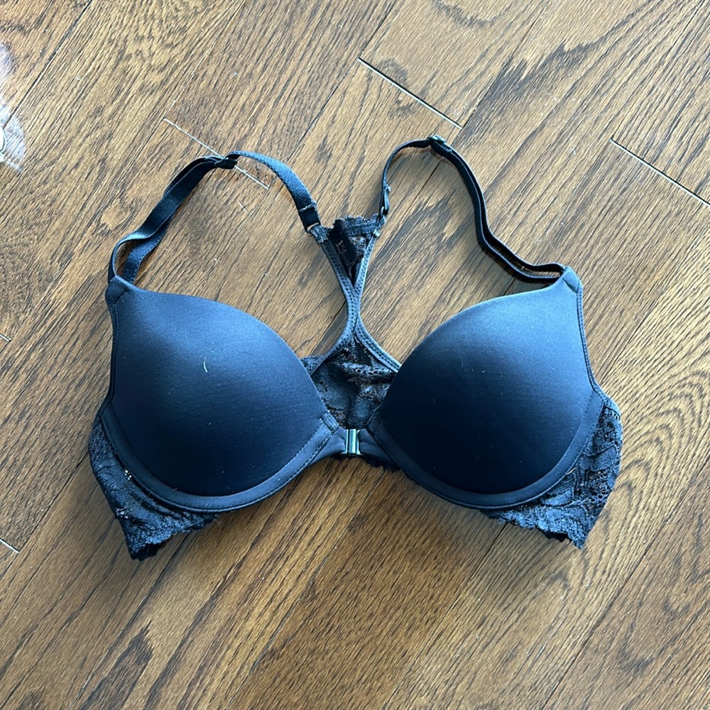 Black Push-Up Front Closure Lace Racer Back Bra - Size 34A - Excellent Condition